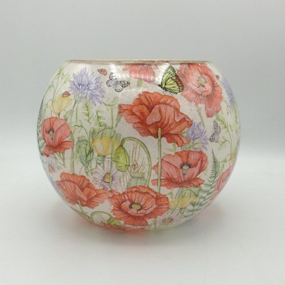 Orangey Pink Poppies on an 8" Bubble Bowl - Picture 1 of 1